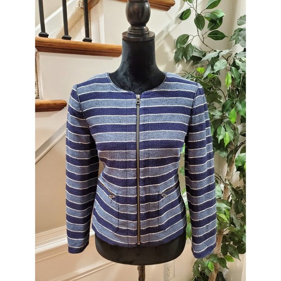 Loft Women's Blue Striped Cotton Long Sleeve Full Zip Front Casual Jacket Size 6 - Picture 12 of 12
